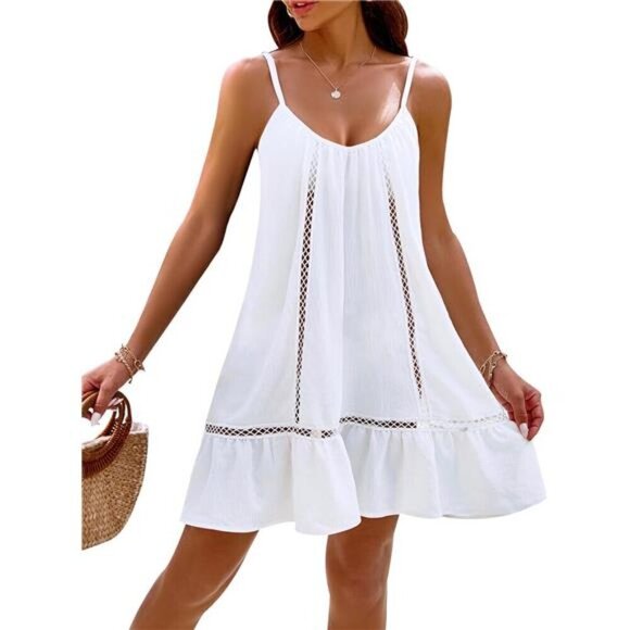 Women's Swim Cover Up Dress Spaghetti Straps Eyelet Trim Ruffle Hem Flowy Beach